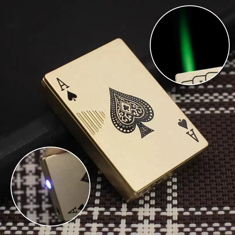 JOF ICreative Ace cards Lighter Green Jet Flame Torch Windproof Metal Encendedores For Cigarette Poker Playing Cards Lighter