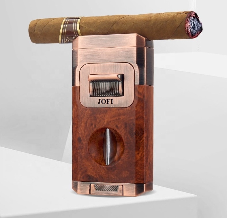 Multi-function Cigar With Built in Cigar V Cutter Cigar Holder Two Jets Flame Butane Gas Lighter With Visible Window