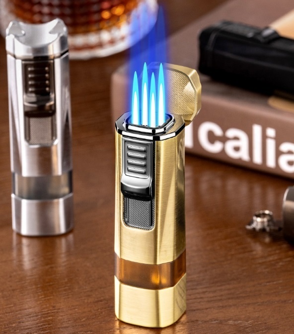 4 Jets Flames Cool Metal Refillable Butane Gas Torch Cigar Lighter Windproof Lighter with Cigar Cutter Cigar HolderCustom logo