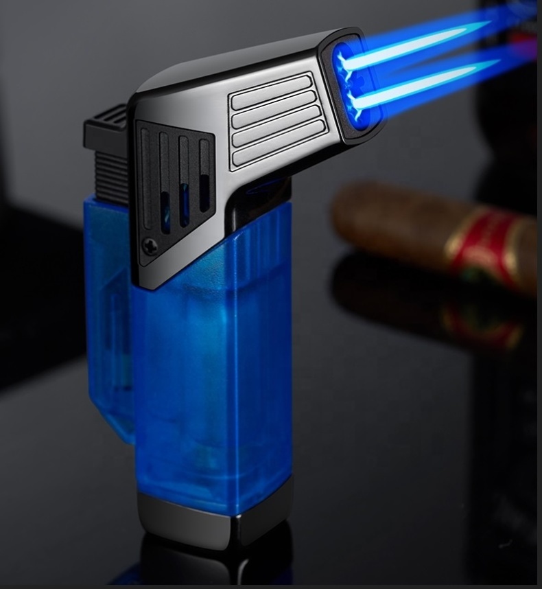 Two Flames Smoking Custom Logo Windproof Jet Torch Cigarette Cigar Lighter Refillable Empty Gas