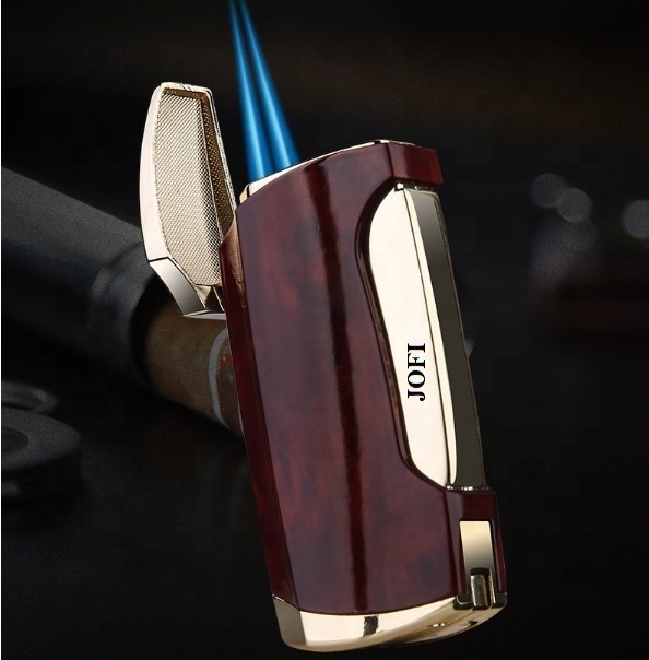 2 Jet Flames Wholesale Cool Metal Cigar lighter Strong windproof Jet torch lighter with cigar cutter Cigar Punch