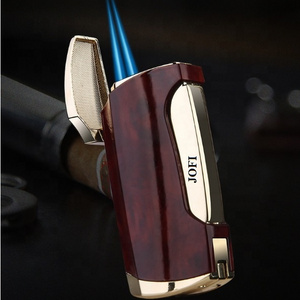 2 Jet Flames Wholesale Cool Metal Cigar lighter Strong windproof Jet torch lighter with cigar cutter Cigar Punch