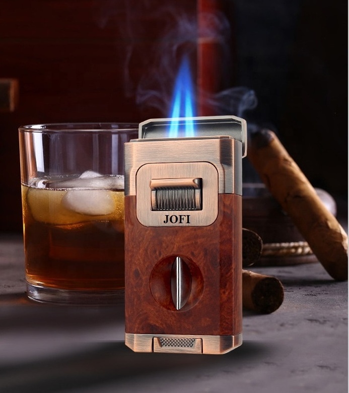 3 in 1 Multifunction Metal Refillable Windproof 2 Flames Jets Cigar Torch Lighter with Cigar V-Cutter Cigar Punch Custom Logo