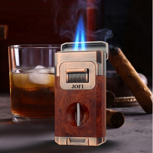 3 in 1 Multifunction Metal Refillable Windproof 2 Flames Jets Cigar Torch Lighter with Cigar V-Cutter Cigar Punch Custom Logo