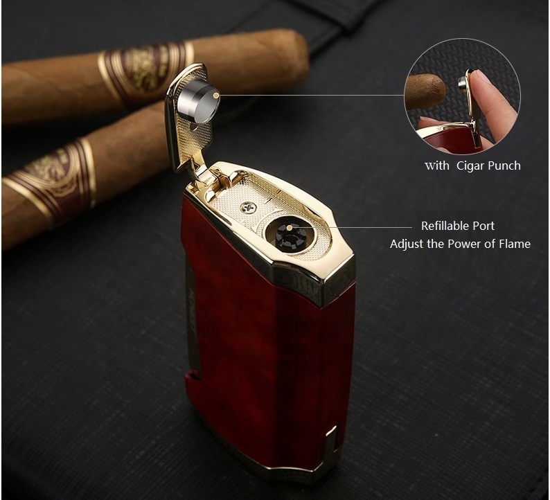 2 Jet Flames Wholesale Cool Metal Cigar lighter Strong windproof Jet torch lighter with cigar cutter Cigar Punch