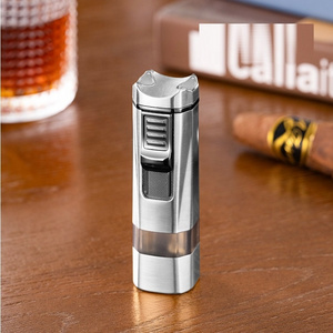 4 Jets Flames Cool Metal Refillable Butane Gas Torch Cigar Lighter Windproof Lighter with Cigar Cutter Cigar HolderCustom logo