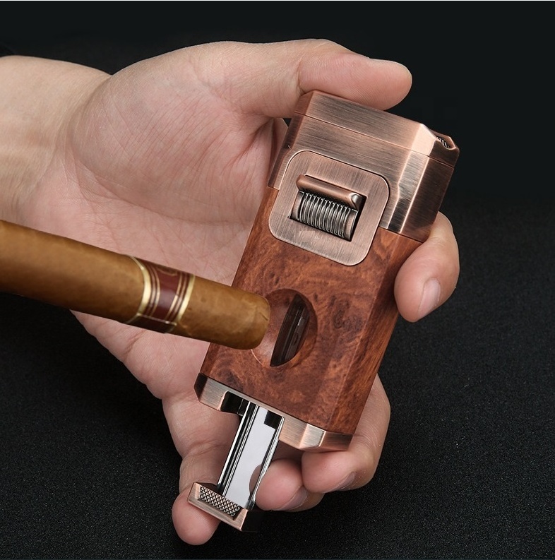 Multi-function Cigar With Built in Cigar V Cutter Cigar Holder Two Jets Flame Butane Gas Lighter With Visible Window