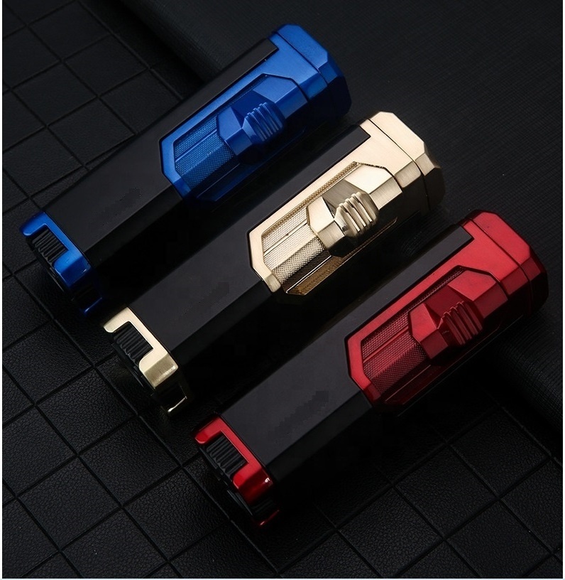 Wholesale 4 jet windproof Cigarette lighter metal blue flame  Refillable lighter torch for cigar Custom Logo