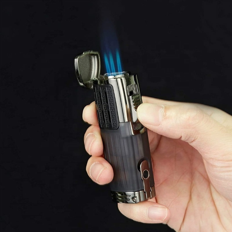 Hot Sell Wholesale windproof Cigarette lighter metal blue Three flame  Refillable lighter torch for cigar Custom Logo