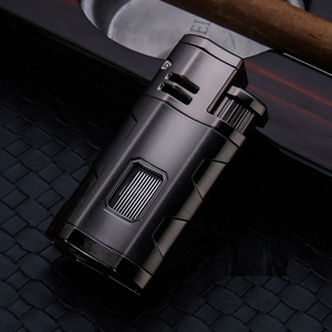 2022 New Amazon Hot Wholesale 3 jet windproof Cigarette lighter metal blue flame  Refillable lighter torch for cigar Custom Logo