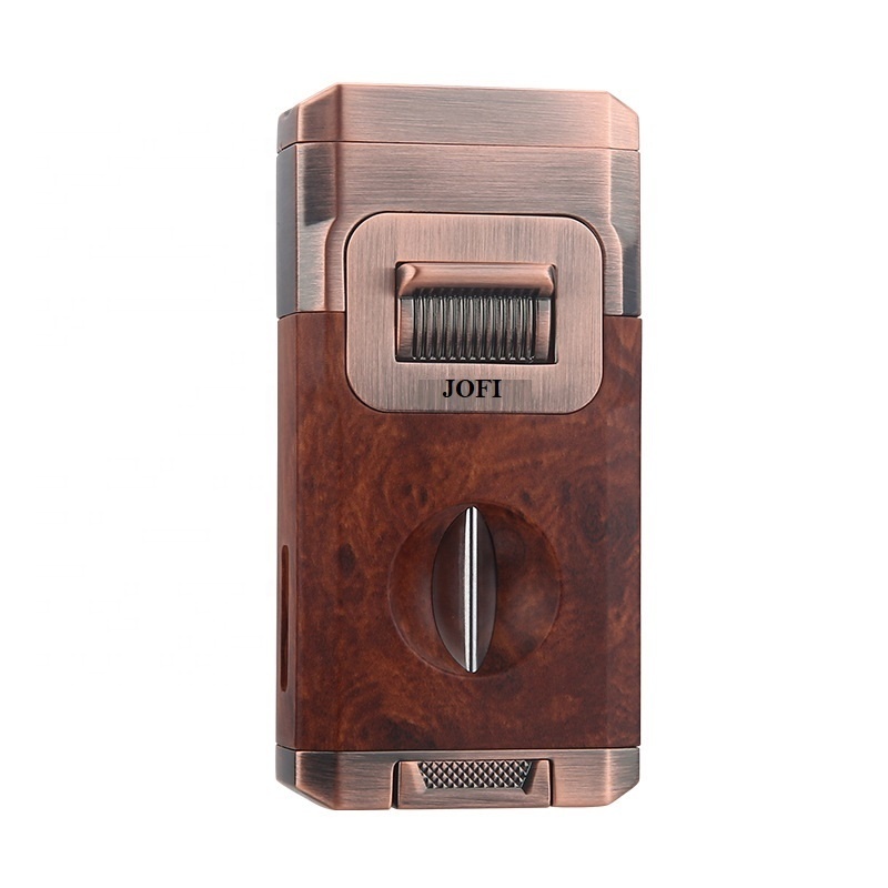 Multi-function Cigar With Built in Cigar V Cutter Cigar Holder Two Jets Flame Butane Gas Lighter With Visible Window