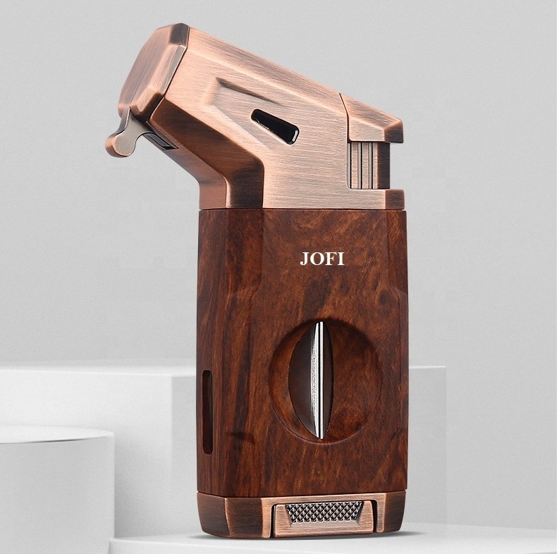 Wholesale Custom Logo Refillable Butane Gas With Cigar V-Cutter Metal Alloy 1 Jet Flame Cigar Table Torch Lighter