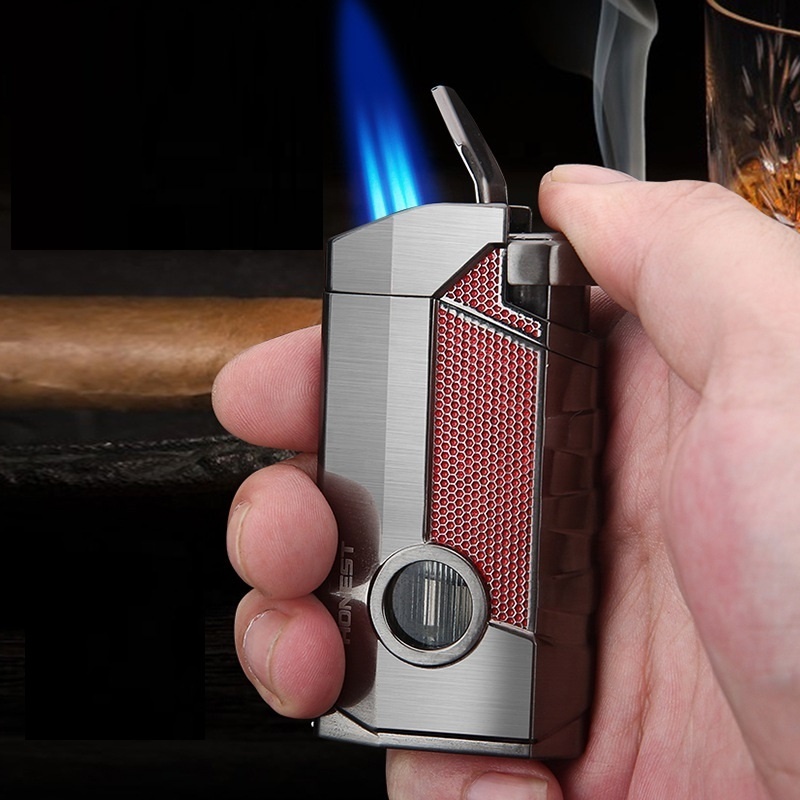 Torch butane gas refillable 3 jet flame tobacco pipe cigar lighter with Cigar Punch Cigar Holder Custom Logo