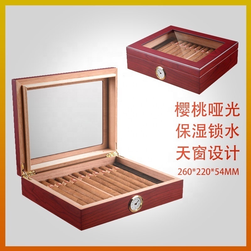 Handmade Wooden Cigar Humidor Desktop 20-25 Counts Capacity Travel Glass Top Cigar Box Portable with Mechanical Hygrometer