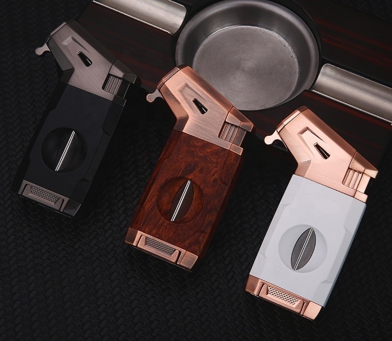 Wholesale 2 in 1 Torch Jet Butane Windproof Metal Pocket Blue Heavy Flame Torch Lighter with Cigar V-Cutter Custom Logo