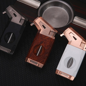 Wholesale 2 in 1 Torch Jet Butane Windproof Metal Pocket Blue Heavy Flame Torch Lighter with Cigar V-Cutter Custom Logo