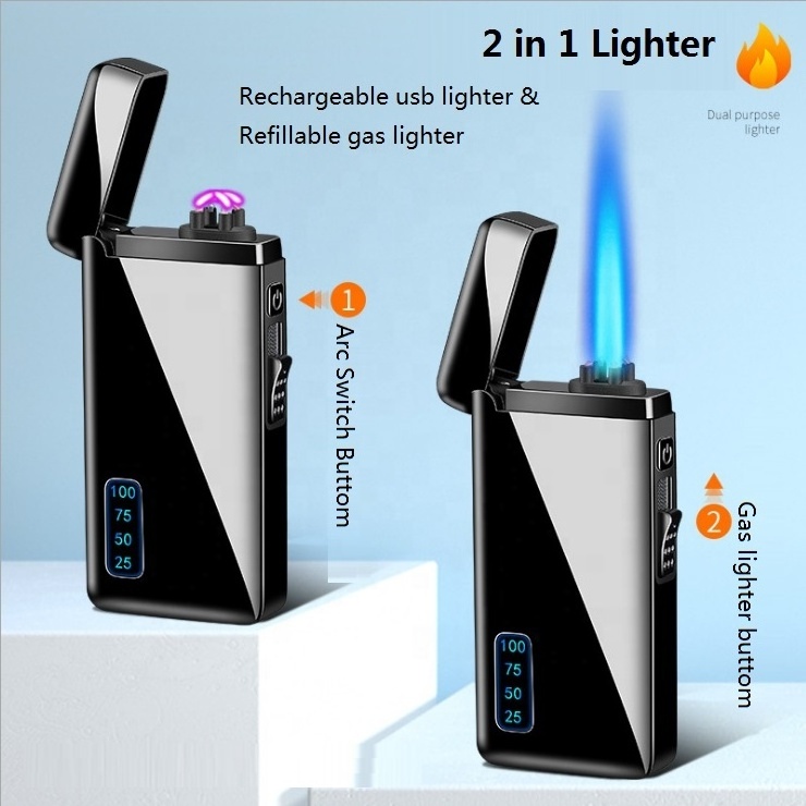 2 in 1 Rechargeable Electric Flameless encendedor electr Plasma USB Double Arc lighters custom logo Refillable gas lighter