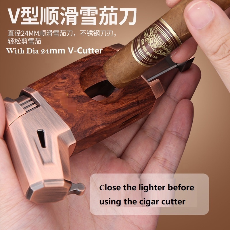 Wholesale Custom Logo Refillable Butane Gas With Cigar V-Cutter Metal Alloy 1 Jet Flame Cigar Table Torch Lighter