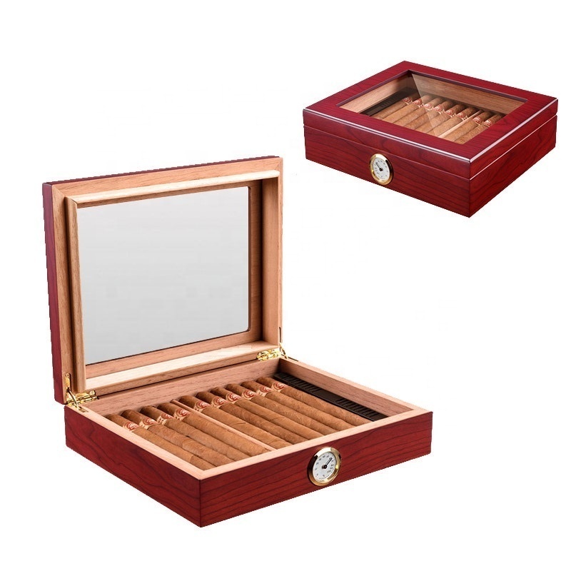 Handmade Wooden Cigar Humidor Desktop 20-25 Counts Capacity Travel Glass Top Cigar Box Portable with Mechanical Hygrometer