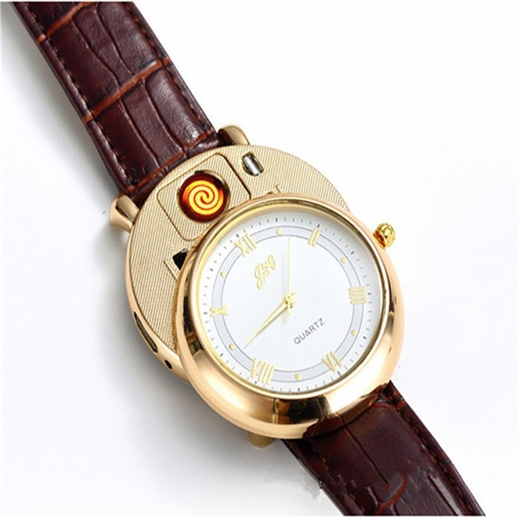 Rechargeable USB Lighter Watch clock Electronic Men's Casual Quartz Wristwatches Windproof Electronic USB Cigarette Lighter