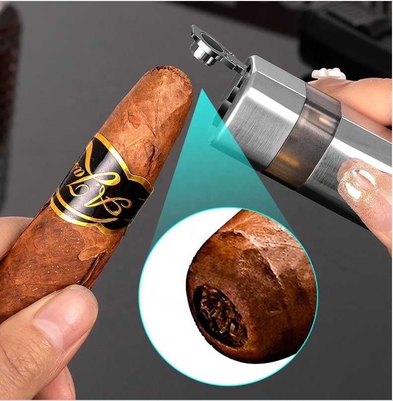 4 Jets Flames Cool Metal Refillable Butane Gas Torch Cigar Lighter Windproof Lighter with Cigar Cutter Cigar HolderCustom logo