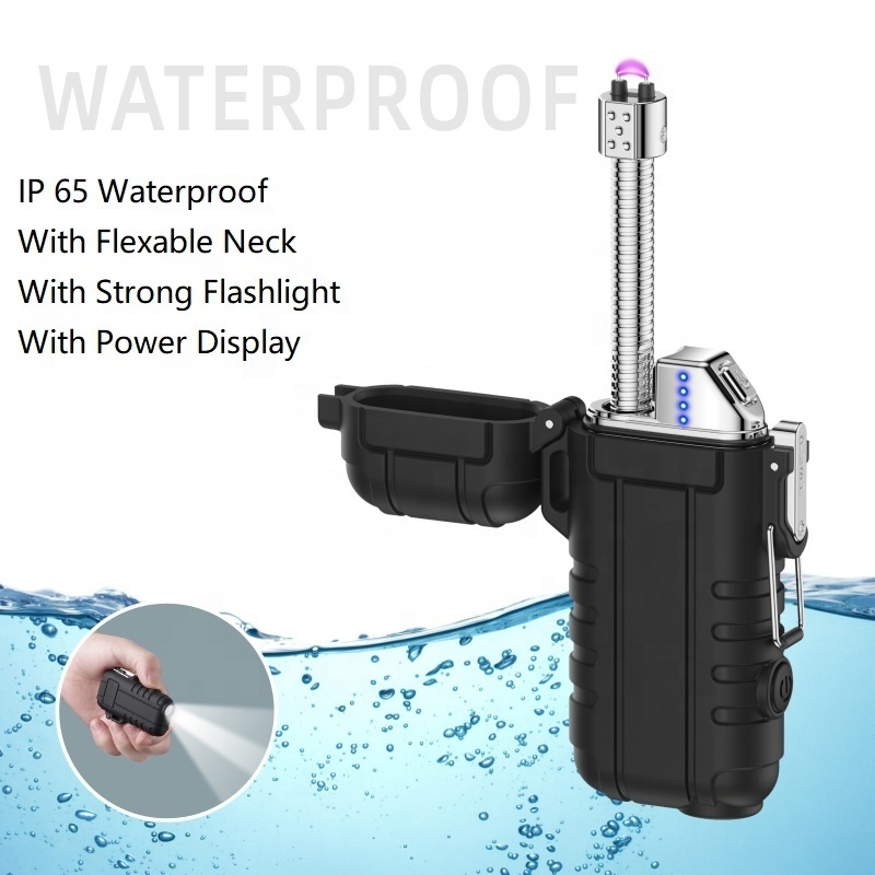 Hot Sell Windproof Waterproof with Flashlight USB Rechargeable Flameless Arc Lighter with Survival Whistle & Lanyard Camping