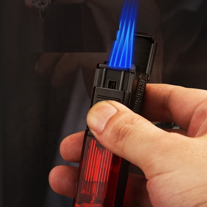 Cool Cigar Lighter 4 Jets Blue Flames Gas Torch Butane Windproof Metal Lighter Cigar Accessories Lighter