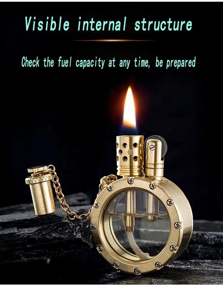 Luxury Pure copper unique creative round Design brass mechanical feel full kerosene lighter Father's Day Men's Gift Custom Logo