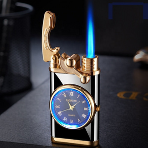 single rocker blue flame  Windproof watch lighter Refillable torch lighter luminous clock lighter Custom Logo