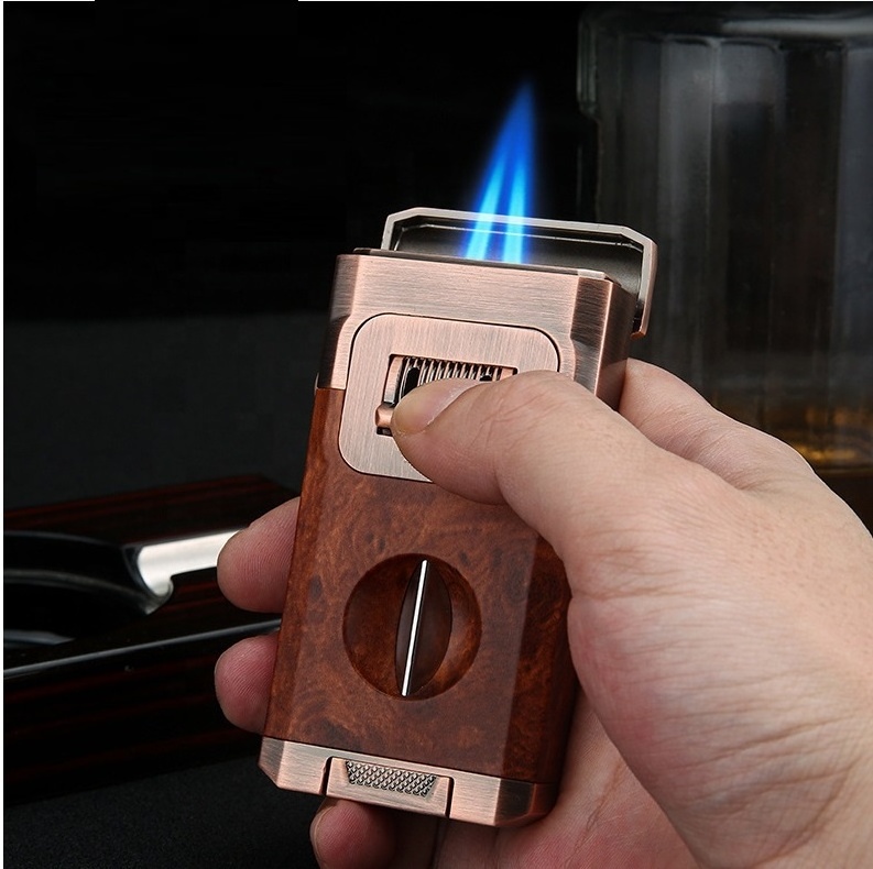 3 in 1 Multifunction Metal Refillable Windproof 2 Flames Jets Cigar Torch Lighter with Cigar V-Cutter Cigar Punch Custom Logo