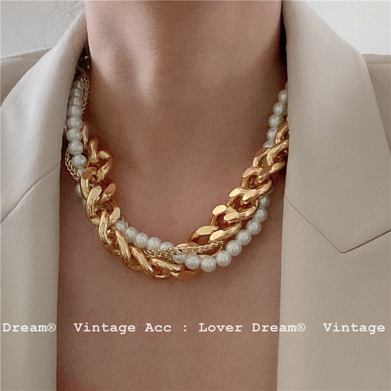 Chunky Choker Necklaces Exaggerated Gold Multilayer Pearl Cuban Chain Necklace Triple Layered Twisted Beaded Pearl Necklace