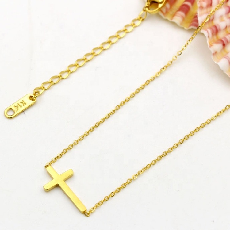 Factory Sale Stainless Steel Cross Necklace 18K Gold Plated Small Sideways Cross Pendant