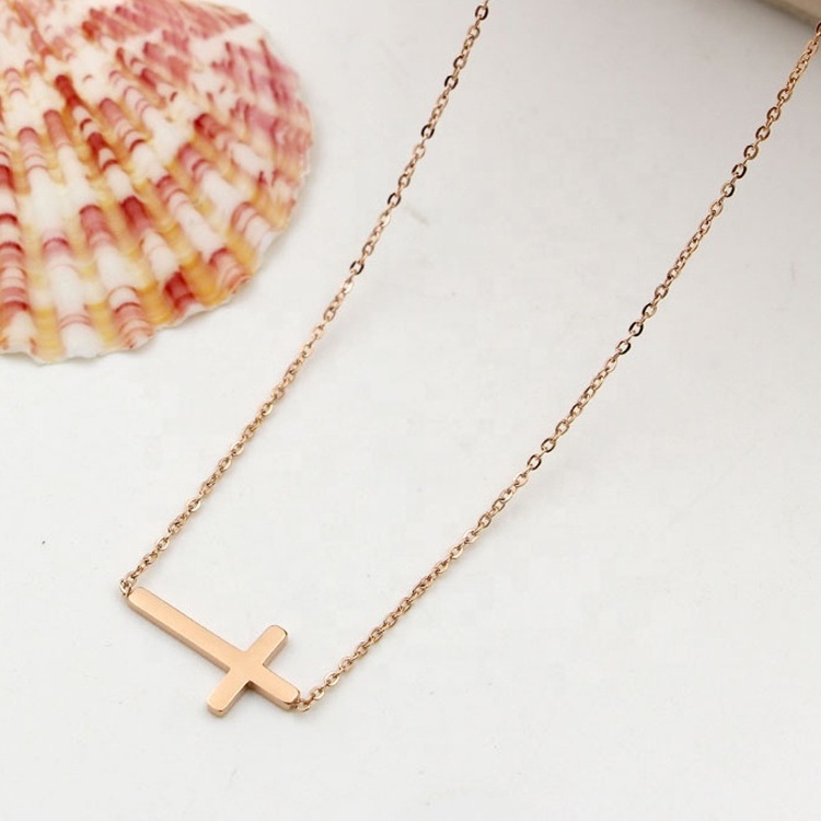 Factory Sale Stainless Steel Cross Necklace 18K Gold Plated Small Sideways Cross Pendant