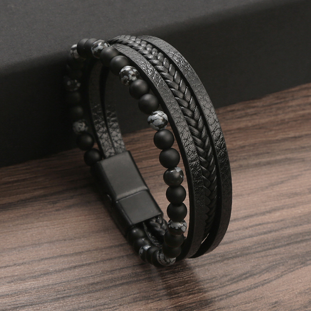 Natural Stone Bead Steel and Leather Bracelet Men's Bead Leather Bracelet for Men Christmas Gift