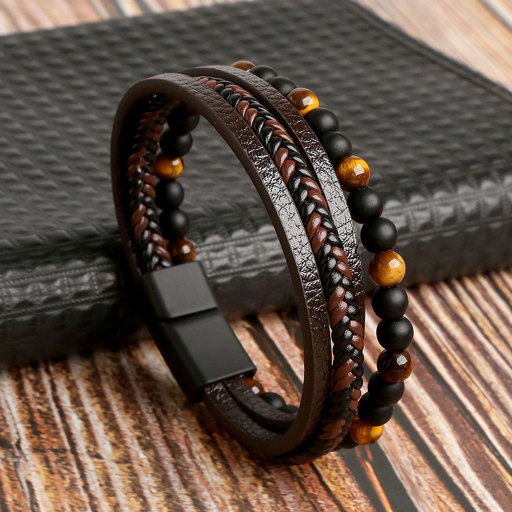 Natural Stone Bead Steel and Leather Bracelet Men's Bead Leather Bracelet for Men Christmas Gift