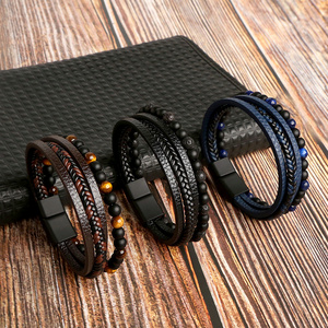 Natural Stone Bead Steel and Leather Bracelet Men's Bead Leather Bracelet for Men Christmas Gift