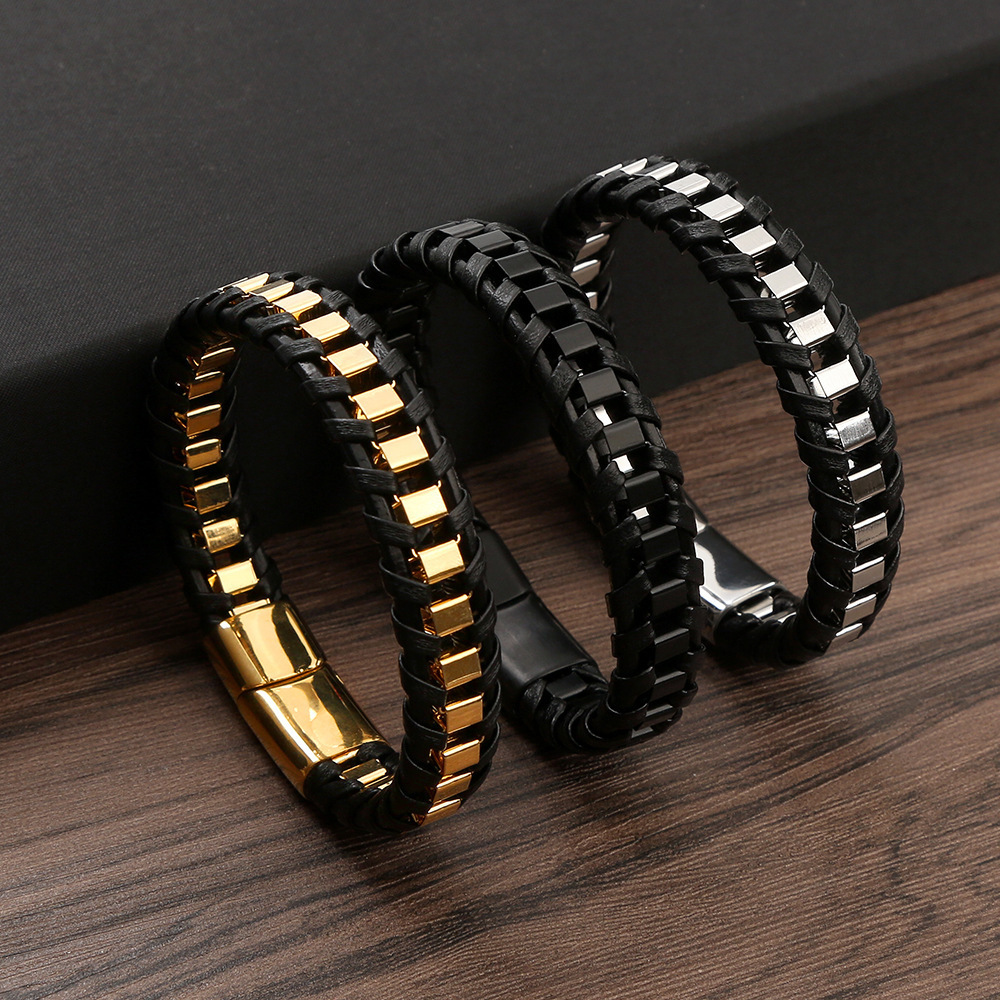 Wholesale Custom Magnetic Stainless Steel Clasp in Black Premium Genuine Leather Bracelet For Men