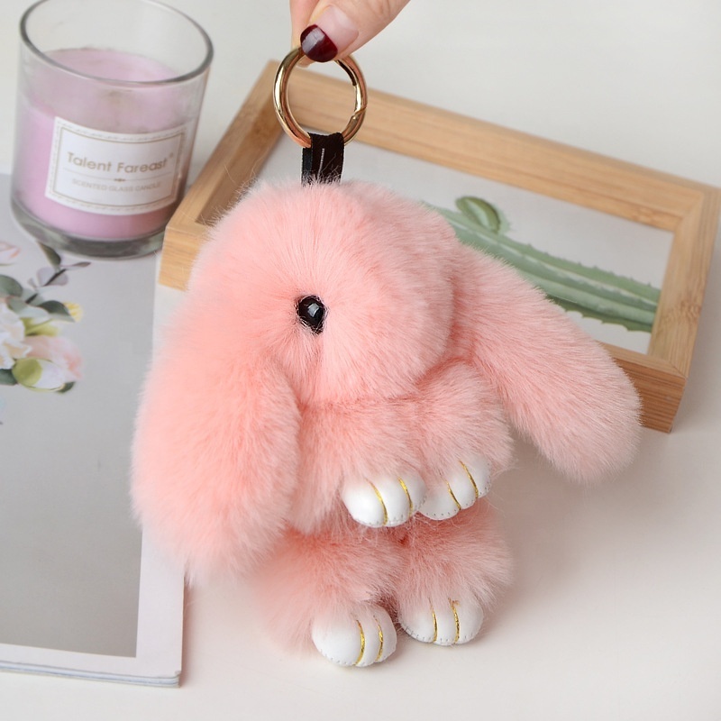 Europe Hot Selling Soft Cute Faux Fur Plush Rabbit Pendant Key Chain Car Keyring Bunny Pompom Fluffy Keychain