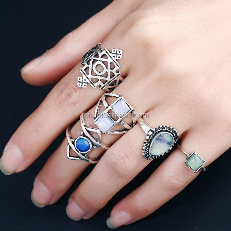 Vintage 5Pcs/Set Nature Stone Knuckle Midi Mid Finger Rings Women