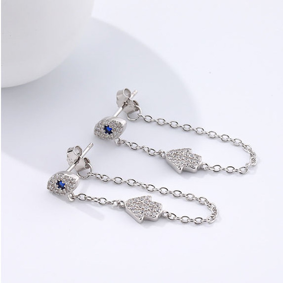 Fashion Hand Shape Full Diamond Chain Earrings Blue Eyes S925 Sterling Silver Zircon Hand Chain Earrings