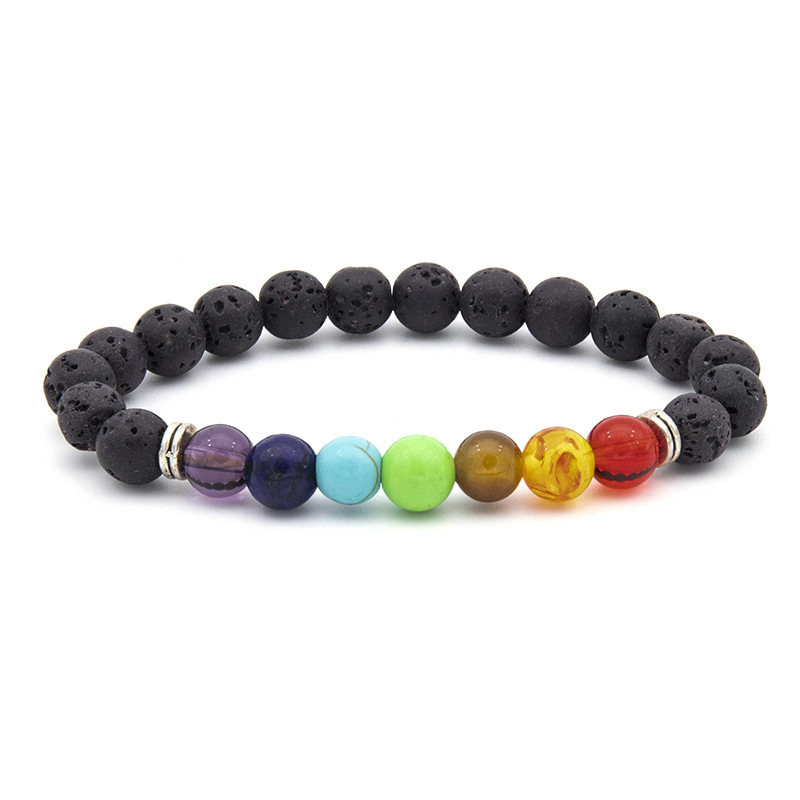 Black Lava Stone 7 Chakra Bracelets 8mm Rock Bead Elastic Bracelet Healing Crystals Anxiety Meditation Yoga Beaded Bracelets