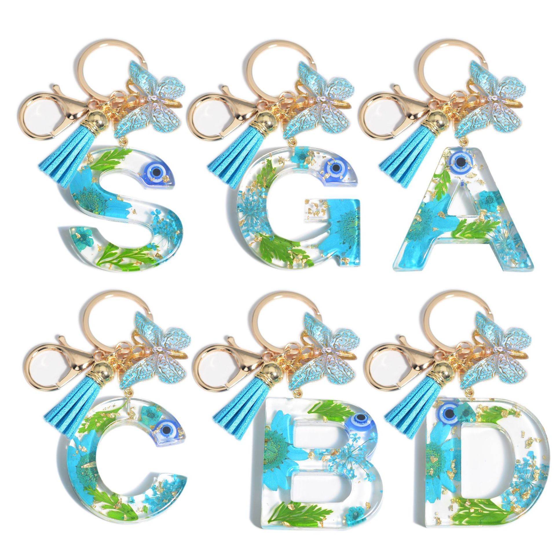 Hot Selling Flower Tassel Butterfly Keychain Eye Letter Keychain Initial A-Z Resin Keychain