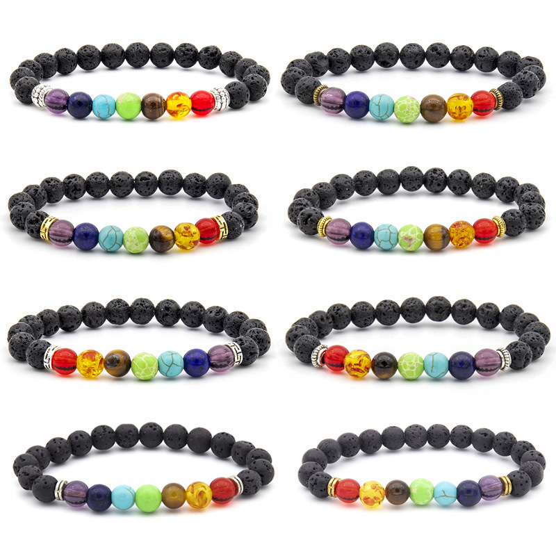 Black Lava Stone 7 Chakra Bracelets 8mm Rock Bead Elastic Bracelet Healing Crystals Anxiety Meditation Yoga Beaded Bracelets