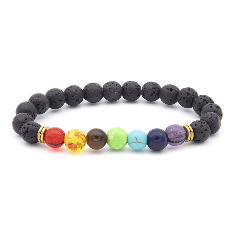 Black Lava Stone 7 Chakra Bracelets 8mm Rock Bead Elastic Bracelet Healing Crystals Anxiety Meditation Yoga Beaded Bracelets