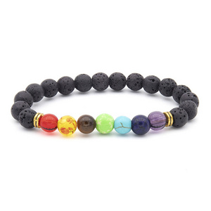 Black Lava Stone 7 Chakra Bracelets 8mm Rock Bead Elastic Bracelet Healing Crystals Anxiety Meditation Yoga Beaded Bracelets