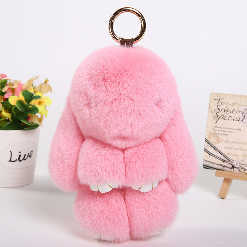 Europe Hot Selling Soft Cute Faux Fur Plush Rabbit Pendant Key Chain Car Keyring Bunny Pompom Fluffy Keychain