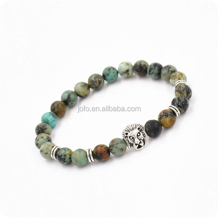 Fashion Hot Sell Silver Lion Head Charm Bracelets 8mm AFRICAN TURQUOISE Round Gemstone Bead Bracelets