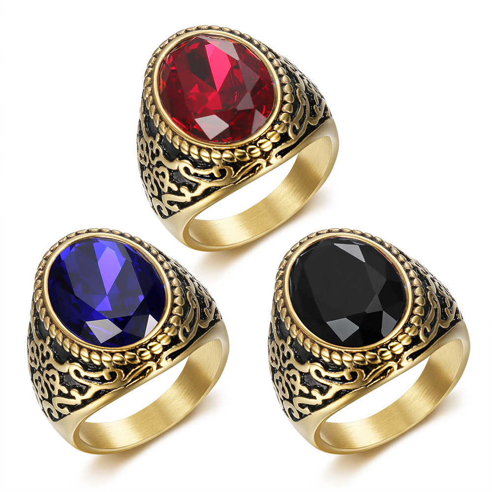 European And American Vintage Crystal Rings 18K Gold Plated Ring Men Stainless Steel Rings