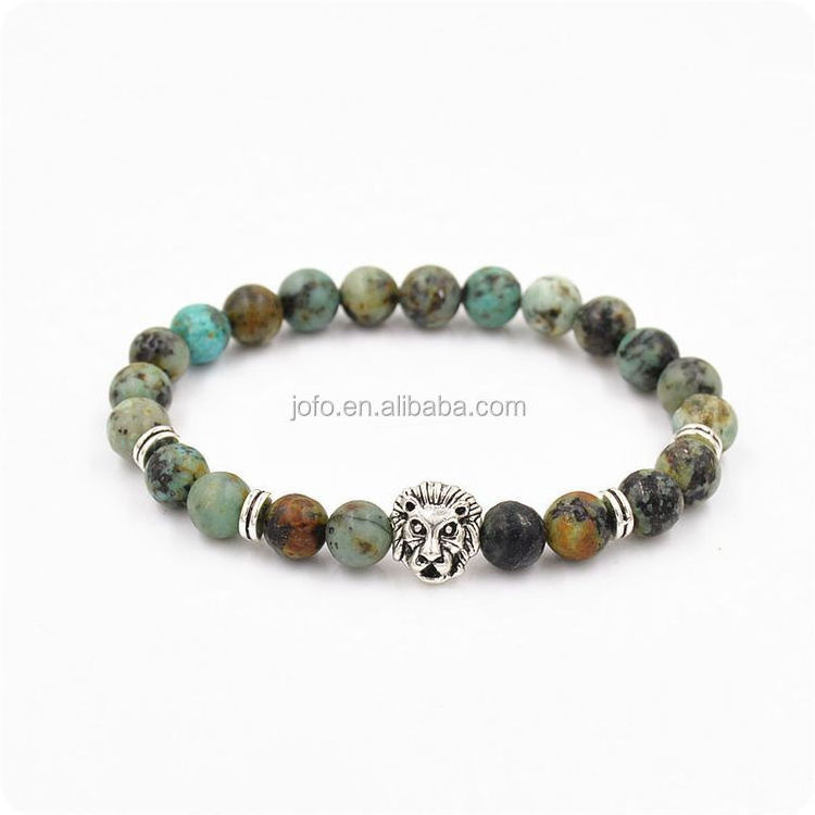 Fashion Hot Sell Silver Lion Head Charm Bracelets 8mm AFRICAN TURQUOISE Round Gemstone Bead Bracelets