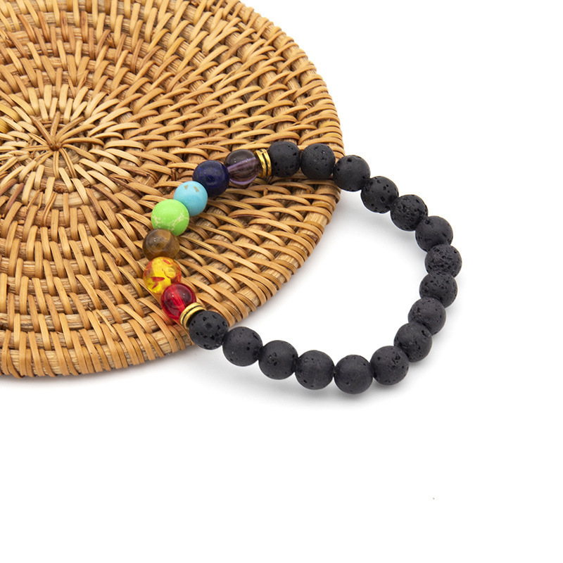 Black Lava Stone 7 Chakra Bracelets 8mm Rock Bead Elastic Bracelet Healing Crystals Anxiety Meditation Yoga Beaded Bracelets